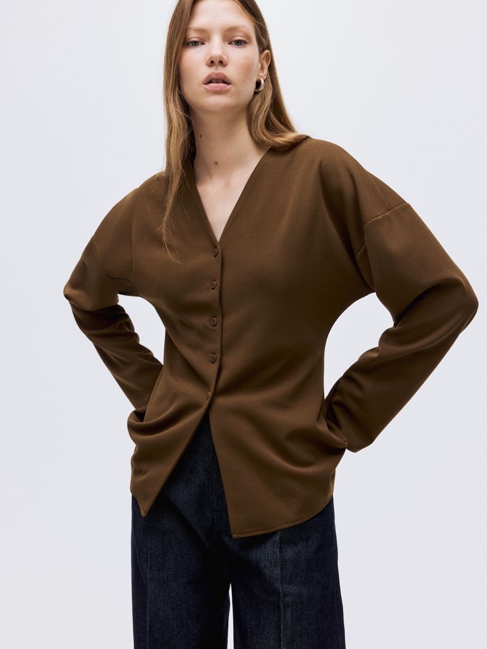 H&M Womens Brown Solid Knit V-Neck Button-Front Long Sleeve Blouse XS